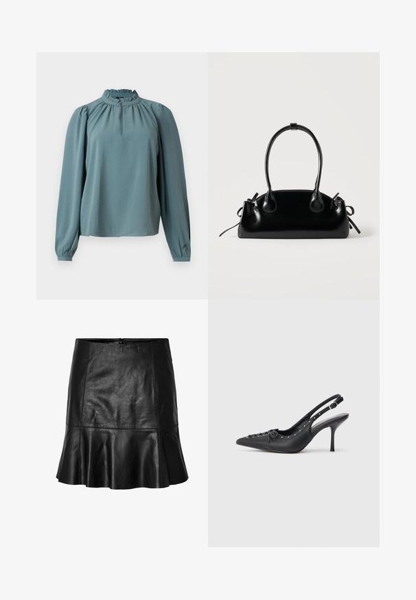 Blouse met lange mouwen in gedempte teal stof met een hoge gerimpelde halslijn en subtiele plooien. Heeft een knoopdetail bij de hals.; Zwart leren mini-jurk met uitlopende zoom en zichtbare stiksels, met een ritssluiting aan de achterkant.; Zwarte leren slingback stiletto met spitse neus, zijgesp met gesp, studs langs de rand en decoratieve veters aan de voorkant.; Kleine zwarte glanzende handtas met twee lange hengsels en zijkant trekkoord details op een effen lichte achtergrond.