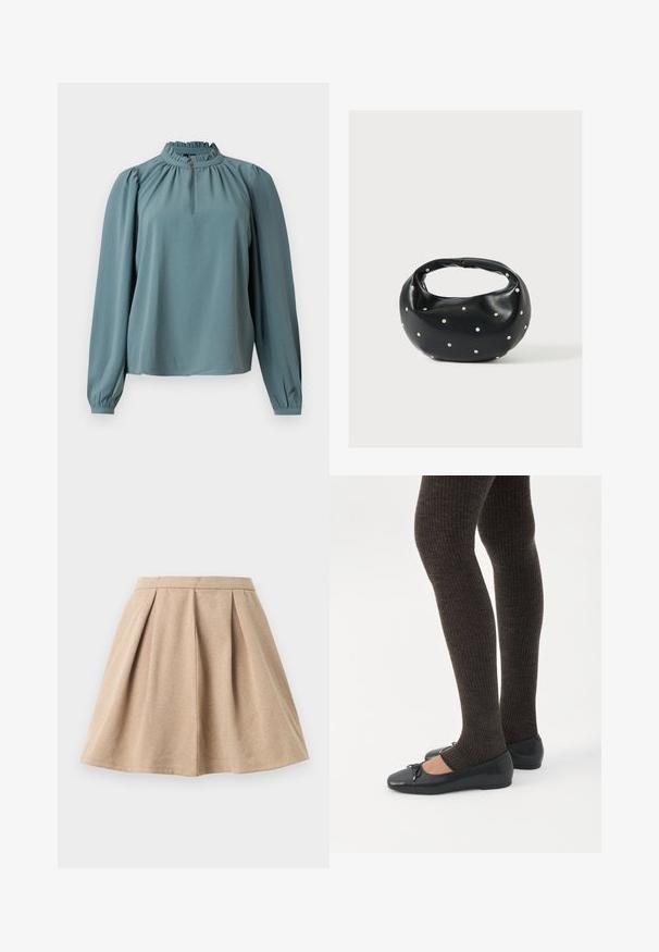 Blusa de manga larga en tela teal apagado con cuello alto con volantes y recogido sutil. Presenta un detalle de botones en el cuello.; Falda plisada color canela hecha de tela texturizada, con una cintura ceñida y un diseño acampanado que llega hasta la mitad del muslo.; Piernas con leggings oscuros acanalados combinados con bailarinas negras que presentan pequeños detalles de lazo sobre un fondo blanco.; Bolso de mano de cuero negro con forma redondeada, decorado con detalles de tachuelas plateadas y un asa corta. Textura lisa y cierre con cremallera.