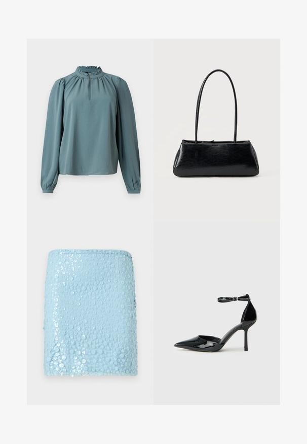 Blusa de manga larga en tela teal apagado con cuello alto con volantes y recogido sutil. Presenta un detalle de botones en el cuello.; Minifalda azul claro decorada con pequeñas lentejuelas florales por toda la superficie, creando un patrón texturizado y brillante.; Zapato de charol negro de tacón alto con punta afilada, correa en el tobillo y tacón de aguja delgado; textura suave y brillante con un diseño minimalista.; Bolso de hombro rectangular negro con correas largas y delgadas y una textura lisa y brillante sobre un fondo liso.