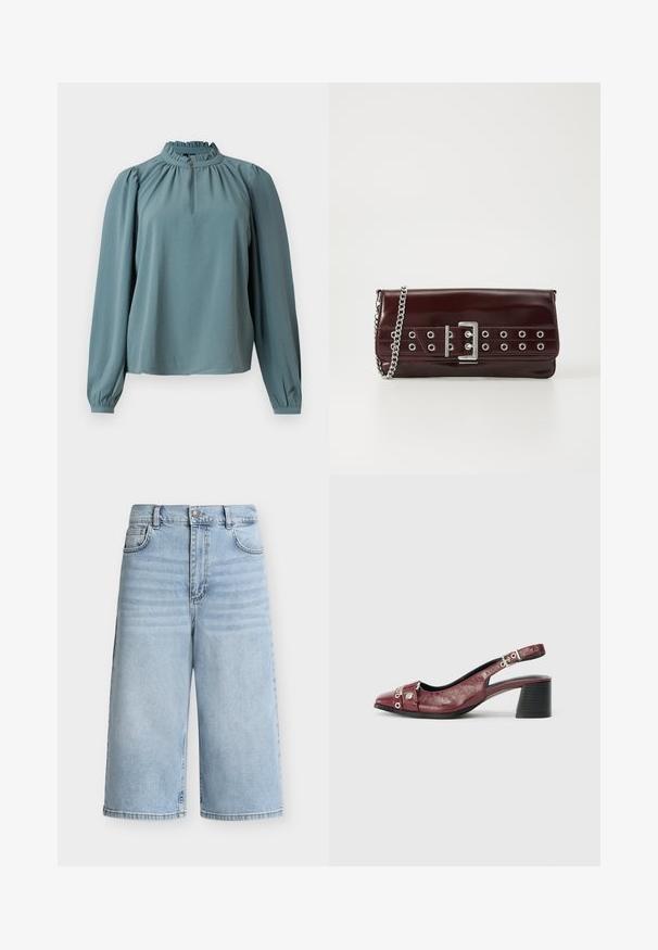 Bluse med lange ærmer i afdæmpet tealstof med høj flæsekant og diskret rynkning. Har en knappedetalje ved halsen.; Lyseblå denim bermudashorts med knap- og lynlåslukning foran, bæltestropper og design med fem lommer.; Bordeauxfarvet læderslippersko med rund tå, buet design, sølvhardwaredetaljer og blokhæl. Tekstureret finish.; Bordeaux farvet faux læder clutch med en sølv kædestrop, der har et spænde design og metaløjer over fronten for ekstra detaljer.