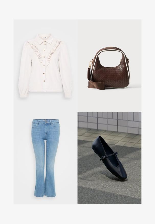 Hele beež särk nööpidega, millel on ees volangakujulised kaunistused, kuldse tooni nööbid, pikad varrukad ja struktureeritud krae.; ONLY Petite ONLANN MID - Alt laienevad teksad - light blue denim; Must nahast Mary Jane lahtine king, väikese pandlaga, asetatud hallile asfaltpinnale plaaditud müüri lähedal.; Pruun punutud nahast käekott valge ääristuse, kuldse tõmbluku ja eemaldatava pruuni kangast õlarihmaga.