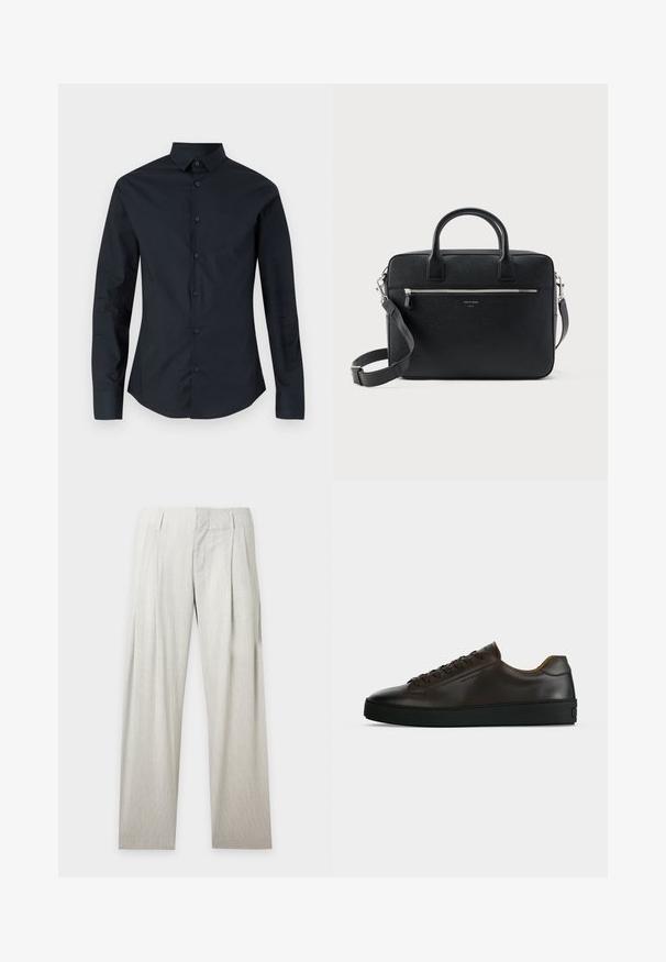Chemise noire à manches longues avec un col pointu, fermeture à boutons sur le devant et coupe slim. Confectionnée en tissu lisse, elle présente un discret broderie de logo.; Pantalon beige clair à jambes larges avec passants pour ceinture et plis à l'avant, présenté sur fond blanc uni.; Baskets basses en cuir marron foncé avec semelle en caoutchouc noire, lacets à l'avant et design minimaliste épuré sur fond clair.; Serviette rectangulaire en cuir noir texturé avec double poignée, poche avant zippée et bandoulière réglable présentée sur fond blanc.