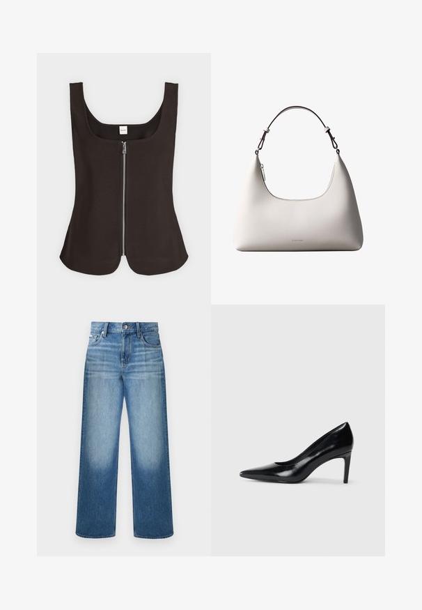 Top noir sans manches avec col carré et fermeture éclair argentée devant, ourlet légèrement évasé, étiquette Calvin Klein à l'intérieur du col arrière.; Jean denim bleu à jambes droites avec fermeture à boutons et glissière, design à cinq poches et délavage sur les cuisses et les genoux.; Chaussure à talon haut en cuir noir avec un bout pointu, texture lisse et un talon effilé. Design minimaliste, sans embellissements supplémentaires.; Sac à bandoulière en cuir couleur crème de Calvin Klein avec bord supérieur incurvé, fermeture éclair argentée et sangle ajustable brun foncé.