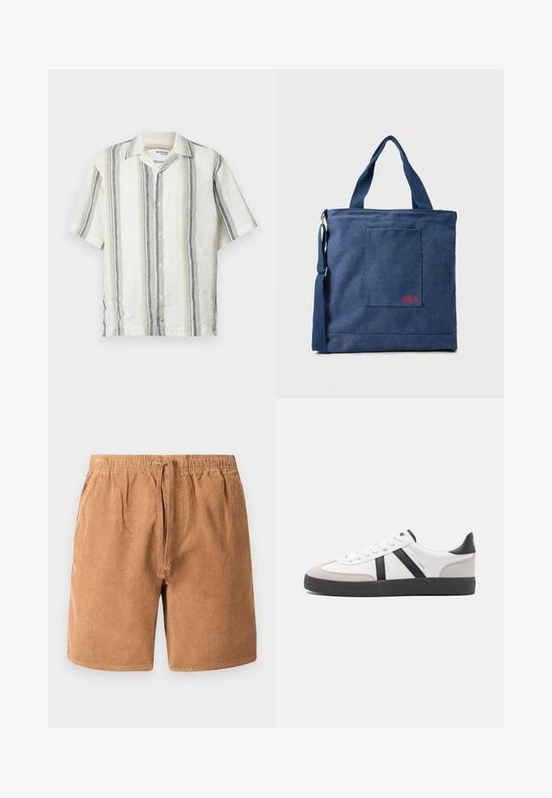 Kurzärmliges Leinenhemd mit vertikalen Streifen in Off-White, Hellgrün, Grau und Marineblau. Verfügt über einen Kragen und eine Knopfleiste.; Braune Cordshorts mit einem elastischen Bund und verstellbarem Kordelzug, mit vertikal gerippter Textur und Seitentaschen.; Weiße Sneaker mit schwarz- und grau-aczenten, ausgestattet mit einer strukturierten grauen Zehenkappe, schwarzer Gummi-Sohle und flachen weißen Schnürsenkeln. Sauberes Design, minimalistische Stil.; Blauer Canvas-Einkaufstasche mit Vordertasche und roter "O.N.S" Stickerei, ausgestattet mit zwei Griffen und einem verstellbaren Schulterriemen.
