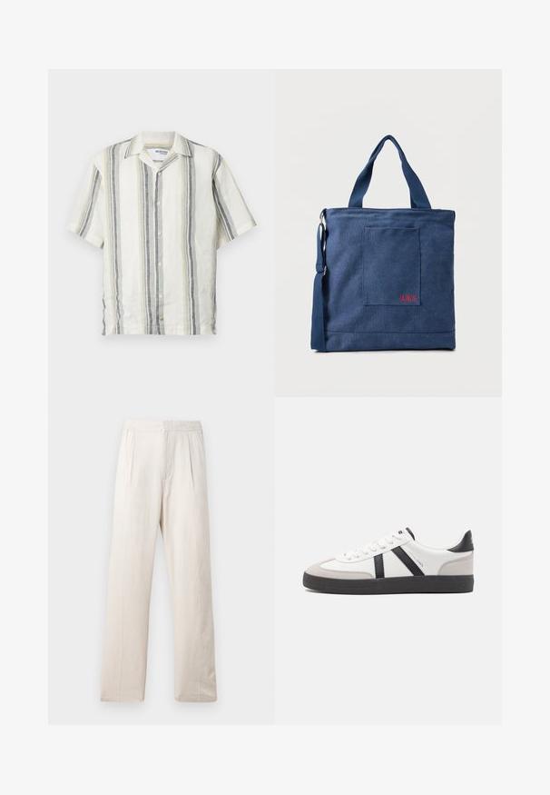 Kortærmet skjorte i linned med lodrette striber i off-white, lys grøn, grå og marineblå. Har krave og knaplukning foran.; Lys beige vidde bukser lavet af tekstureret stof, med en elastisk talje og to frontfolder for ekstra detaljer.; Hvide sneakers med sorte og grå detaljer, med en tekstureret grå tåhætte, sort gummisål og flade hvide snørebånd. Rent design, minimalistisk stil.; Blå lærredstote taske med frontlomme og rød "O.N.S" broderi, med to håndtag og en justerbar skulderrem.