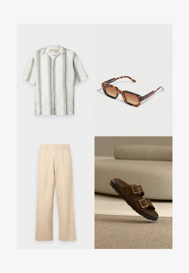 Kortærmet skjorte i linned med lodrette striber i off-white, lys grøn, grå og marineblå. Har krave og knaplukning foran.; Beige bredde benbukser lavet af denim med en tekstureret finish, der har en frontlukning med knap og klassisk femlomme-design.; Brun slidssandal med to justerbare spænder og en sort rillede sål, placeret over en beige tæppe- og sofa baggrund.; Rektangulære solbriller med skildpadde-mønster og gradientbrune linser, hvilende på en lys overflade.
