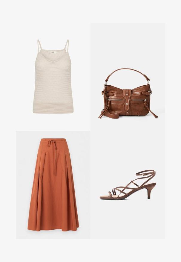 Haut sans manches en tricot beige avec fines bretelles et motif texturé subtil, avec un col en V peu profond.; Jupe longue terracotta avec plis sur le devant et cordon à la taille, présentée sur un fond uni.; Sandale marron à fines brides, boucle à la cheville et talon de hauteur moyenne, vue de côté sur fond blanc.; Sac à main en cuir marron, de forme arrondie, avec deux poches zippées à l'avant et une bandoulière amovible. Il présente des éléments en métal argenté et des coutures.