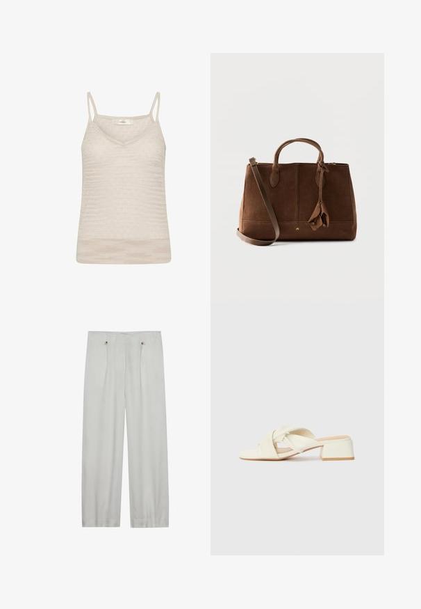 Haut sans manches en tricot beige avec fines bretelles et motif texturé subtil, avec un col en V peu profond.; Pantalons taille haute en gris clair, à jambes larges, fabriqués en tissu doux. Comprend deux plis avant, deux boutons de fermeture et une texture lisse.; Sandales à talons bloc couleur crème avec des brides torsadées et un lit de pied plat. Matériau synthétique lisse avec une finition mate.; Sac à main en daim marron avec deux anses, une bandoulière amovible et des pampilles décoratives en daim, présenté sur un fond uni.