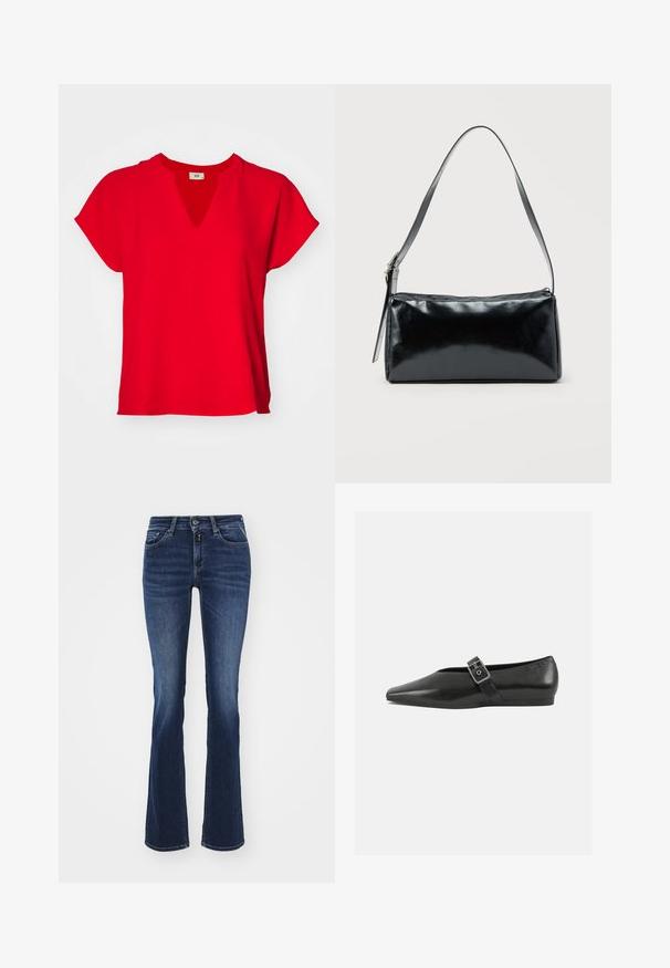 Rød kortærmet top med V-hals og løs pasform. Fremstillet af blød stof med en glat tekstur og uden synlige mønstre eller detaljer.; Bredde mørkeblå jeans lavet af denim, med et klassisk fem-lomme design, lynlås foran og knaplukning. Glat tekstur og medium taljehøjde.; Sorte læder flade sko med spidse tæer, prydet med en metallisk spænde over vristen og en lav, fleksibel sål.; Sort rektangulær skuldertaske med en enkelt justerbar rem og lynlås i toppen på en ensfarvet baggrund.