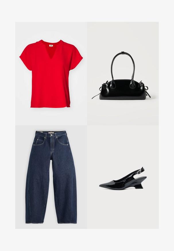 Rød kortærmet top med V-hals og løs pasform. Fremstillet af blød stof med en glat tekstur og uden synlige mønstre eller detaljer.; Mørkeblå denim jeans med løs pasform, lyse syninger, fem lommer og en knaplukning ved taljen.; Sort laklæder slingback sko med spids tå og lav vinklet blokhæl på ensartet lys baggrund.; Lille sort blank håndtaske med to lange håndtag og snøre-detaljer i siden på en ensfarvet lys baggrund.