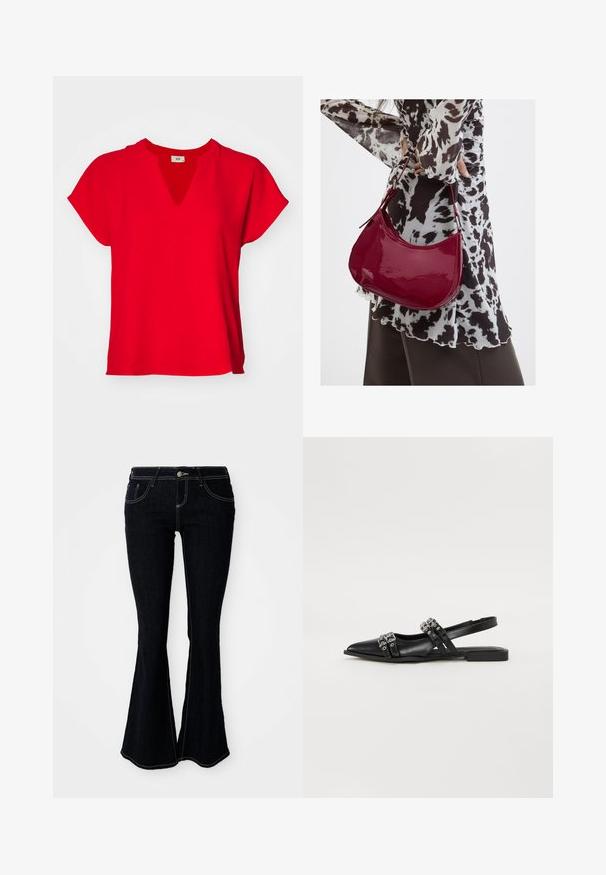 Rode korte mouwen top met een V-hals en een losse pasvorm. Gemaakt van zachte stof met een gladde textuur en zonder zichtbare patronen of accenten.; Flared donkergewassen jeans met een hoge taille, voor- en achterzakken, en contrasterende gele stiksels op de naden.; Even&Odd by Zalando Slingback ballerina´s - black; Vrouw met een zwart-wit gebloemde blouse houdt een glanzende rode schoudertas vast tegen een effen achtergrond.