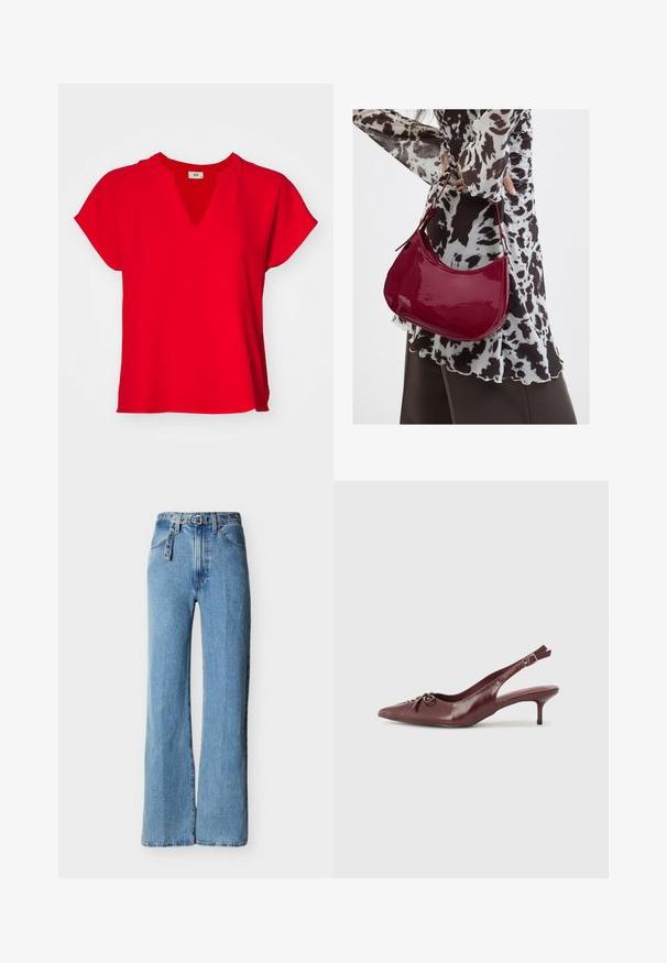 Rød kortærmet top med V-hals og løs pasform. Fremstillet af blød stof med en glat tekstur og uden synlige mønstre eller detaljer.; Lyseblå jeans i høj talje med vide ben, fem lommer og et matchende bælte i denim med metaløjer og spænde.; Bordeaux læder slingback hæl med spidse tå, justerbar rem og dekorativ sløjfedetalje foran. 7,5 cm hælhøjde.; Kvinde iført en sort- og hvidmønstret bluse, der holder en blank rød skuldertaske mod en ensfarvet baggrund.