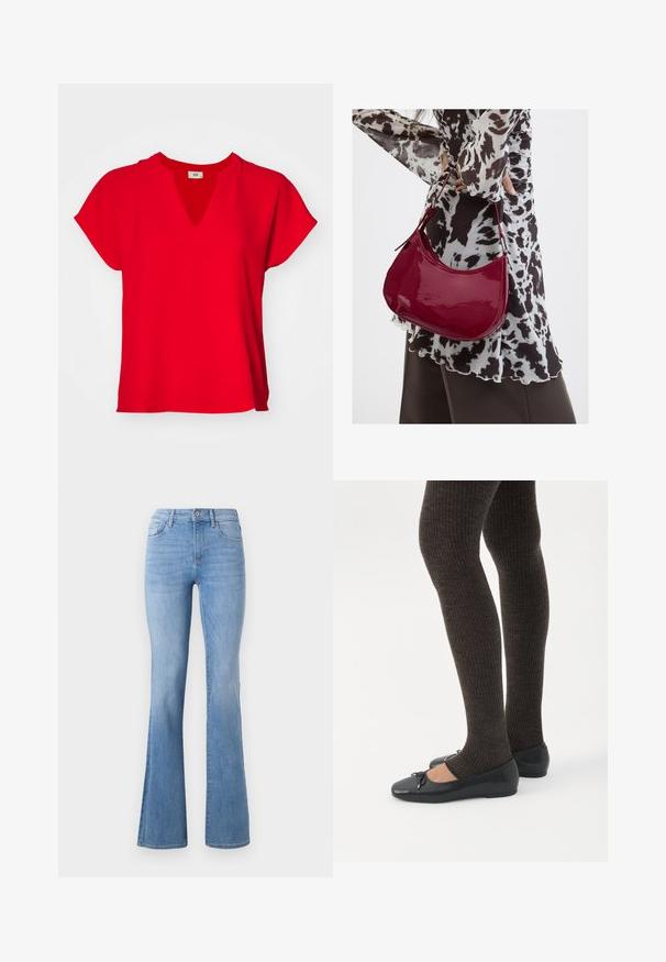 Rød kortærmet top med V-hals og løs pasform. Fremstillet af blød stof med en glat tekstur og uden synlige mønstre eller detaljer.; Lysblå flagrende jeans med mellemhøj talje, klassisk fem-lomme design og subtil fading langs benene. Denim stoftekstur.; Ben iført mørke ribbede leggings kombineret med sorte balletsko med små sløjfedetaljer på hvid baggrund.; Kvinde iført en sort- og hvidmønstret bluse, der holder en blank rød skuldertaske mod en ensfarvet baggrund.
