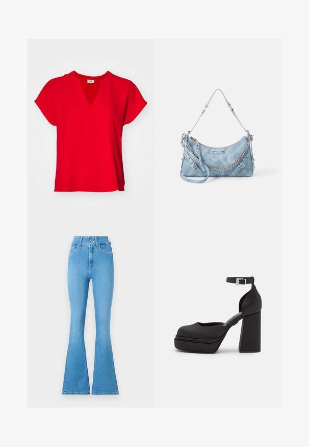 Rød kortærmet top med V-hals og løs pasform. Fremstillet af blød stof med en glat tekstur og uden synlige mønstre eller detaljer.; Lyseblå denim flared jeans med høj talje, der har en dobbelte knaplukning og subtile syninger. Glat tekstur overalt.; Sorte platform stilethæle med rund tå, mat stof, høj blokhæle, justerbar ankelrem og diskret syning.; ALDO FARALAELIAX - Håndtasker - blue