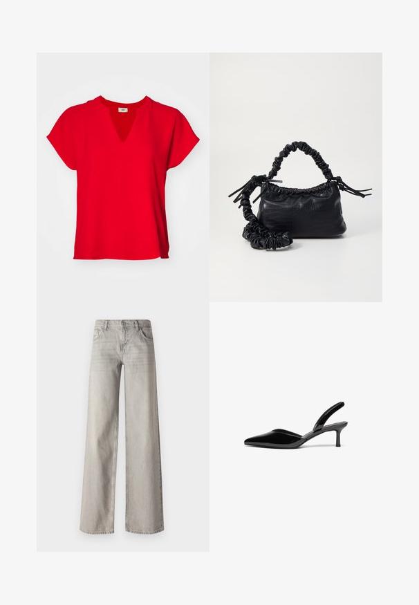 Rød kortærmet top med V-hals og løs pasform. Fremstillet af blød stof med en glat tekstur og uden synlige mønstre eller detaljer.; Lys grå bredbenede jeans lavet af denim, med fem-lomme design, frontknaplukning og let falmet tekstur.; Sorte patentlæder slingback hæle med spids tå, lav stiletto hæl og et elegant, enkelt design uden pynt.; Sort kunstlæder håndtaske med krokodilteksur, indsnøret top og en sammenkrøben rem. Ser blød og kompakt ud i designet.