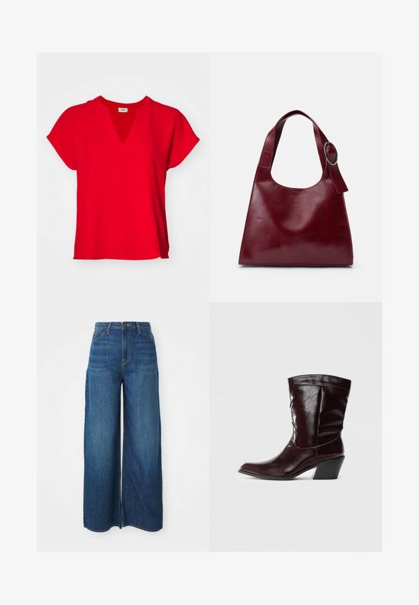 Rød kortærmet top med V-hals og løs pasform. Fremstillet af blød stof med en glat tekstur og uden synlige mønstre eller detaljer.; Højtaljede bukser i vidde med blå denim, frontlommer, bæltestropper, knaplukning og synlig syning på en hvid baggrund.; Bordeaux læder ankelstøvler med spids tå, tekstureret overflade og en lav, taperet hæl. Har diskrete søm og en tætsiddende pasform.; Bordeaux læder tote taske med en blød, glat tekstur, der har en bred skulderrem og en metalring som accent. Minimalistisk design.