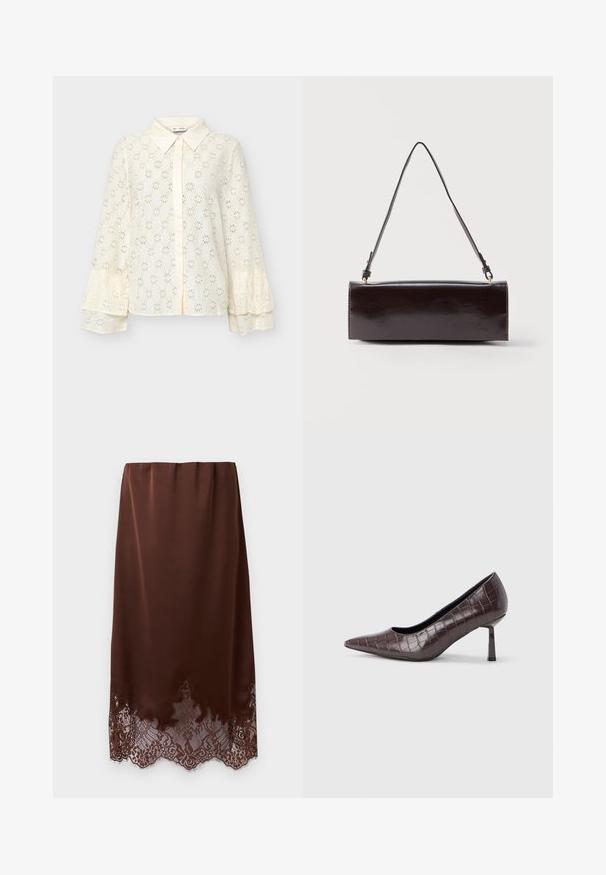 Εκρού δαντελωτό μπλουζάκι με μακριά, πολυεπίπεδα μανίκια με καμπάνα, μυτερό γιακά και κούμπωμα με κουμπιά μπροστά.; Καφέ σατέν φούστα με λεπτομέρειες από δαντέλα με κυματιστό τελείωμα, ίσια γραμμή και ελαστική μέση, εμφανίζεται σε απλό λευκό φόντο.; Τακούνια καφέ τεχνητού δέρματος με μυτερή μύτη και υφή κροκοδείλου, με λεπτό, γωνιώδες τακούνι και απαλό εσωτερικό επένδυση.; Ορθογώνια μαύρη δερμάτινη τσάντα χειρός με ένα μακρύ λουράκι και λαμπερό φινίρισμα, απεικονισμένη σε απλό λευκό φόντο.