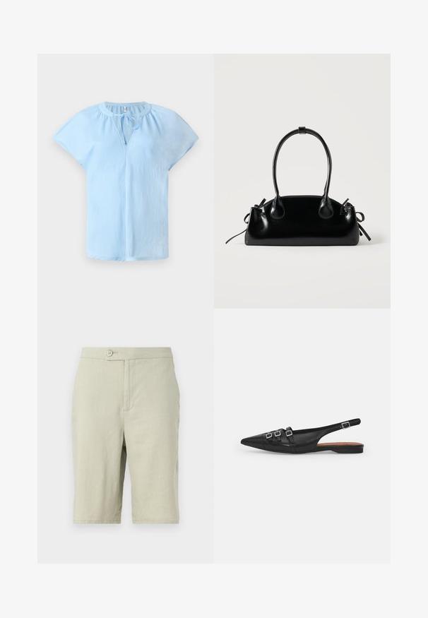 Blouse bleu clair à manches courtes avec un col rond et un détail à nouer à l'avant. Fabriquée en tissu doux et léger avec une coupe décontractée.; Shorts gris clair en tissu doux. Dotés d'une fermeture à bouton, de poches latérales et d'une coupe droite.; Chaussure plate noire en cuir avec un bout pointu, dotée de deux lanières horizontales et de boucles carrées en argent, avec un faible talon et une texture lisse.; Petit sac à main noir brillant avec deux longues anses et des détails à cordon sur les côtés sur un fond clair uni.