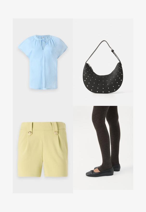 Blouse bleu clair à manches courtes avec un col rond et un détail à nouer à l'avant. Fabriquée en tissu doux et léger avec une coupe décontractée.; Shorts jaune clair en tissu lisse, avec deux plis à l'avant et des boutons décoratifs dorés sur la taille. Design ajusté.; Jambes portant des leggings côtelés foncés associés à des ballerines noires avec de petits détails en nœud sur fond blanc.; Sac à main en cuir noir avec une forme arrondie, orné de clous en argent, doté d'une fermeture éclair et d'une seule sangle ajustable.