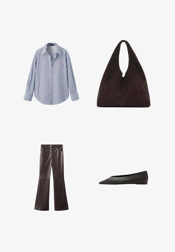 Chemise à manches longues avec boutons, à rayures verticales bleues et brunes, col pointu, poche poitrine avant et poignets à boutons.; Pantalon évasé en simili cuir marron, avec une taille haute, des poches avant et une texture lisse, agrémenté de détails de couture subtils au niveau des genoux.; Chaussure plate noire à bout pointu avec un talon bas et une tige en cuir lisse, présentée de profil sur un fond blanc.; Sac à bandoulière triangulaire marron foncé doux avec une poignée large unique en haut et une texture de surface lisse.