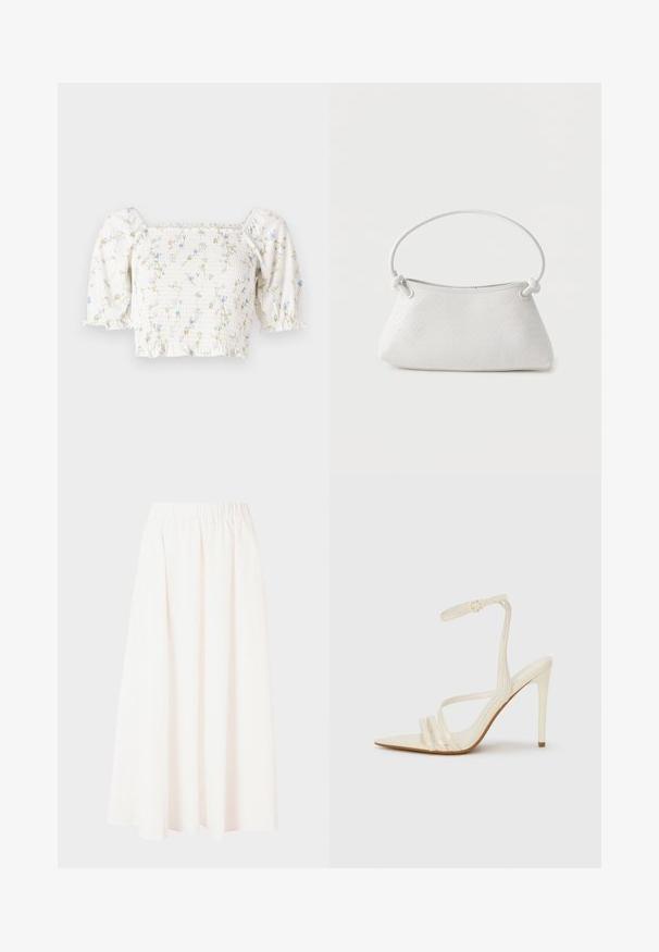 Blouse florale blanche avec des manches bouffantes courtes, un corsage froncé et de délicats motifs de fleurs bleues et jaunes.; Jupe longue à taille élastique en crème clair, tissu fluide, silhouette évasée, sans motifs ni embellissements, longueur mi-mollet.; Sandales à talons hauts beiges avec un bout pointu, comportant trois brides à l'avant et une fine bride à la cheville avec une boucle. Texture lisse, design minimaliste.; Sac à main en cuir tressé blanc avec poignée arrondie et extrémités de lanière nouées, présenté sur un fond uni.
