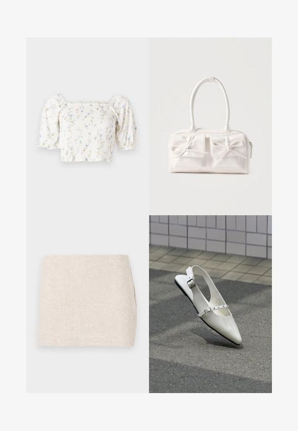 Blouse florale blanche avec des manches bouffantes courtes, un corsage froncé et de délicats motifs de fleurs bleues et jaunes.; Jupe en lin beige au design minimaliste, présentant une texture lisse et un tissage subtil. Elle a une coupe droite et simple, sans fermetures visibles.; Chaussure plate slingback blanche pointue avec deux boucles argentées, présentée en extérieur sur un sol texturé et un mur carrelé en arrière-plan.; Sac à main synthétique blanc avec deux poches avant, chacune ornée d'un nœud noué. Texture lisse, anses arrondies et fermeture zippée.