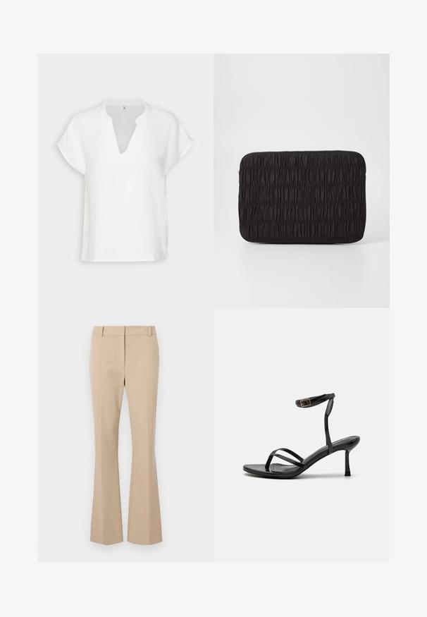 Haut blanc à manches courtes avec un décolleté en V, fabriqué dans un tissu texturé, présentant une coupe décontractée et des détails de coutures subtils.; Pantalons beiges ajustés avec une coupe droite, présentant un devant plat, des passants de ceinture et une texture lisse. Pas de poches ni de motifs visibles.; Sandales à talons hauts noires avec un design à fines lanières, texture lisse, boucle à la cheville et bout pointu. Détail de bride de cheville ajustable.; Pochette noire à poche, fabriquée en tissu froncé. Présente une surface texturée avec une fermeture éclair, une forme rectangulaire et une finition mate douce.