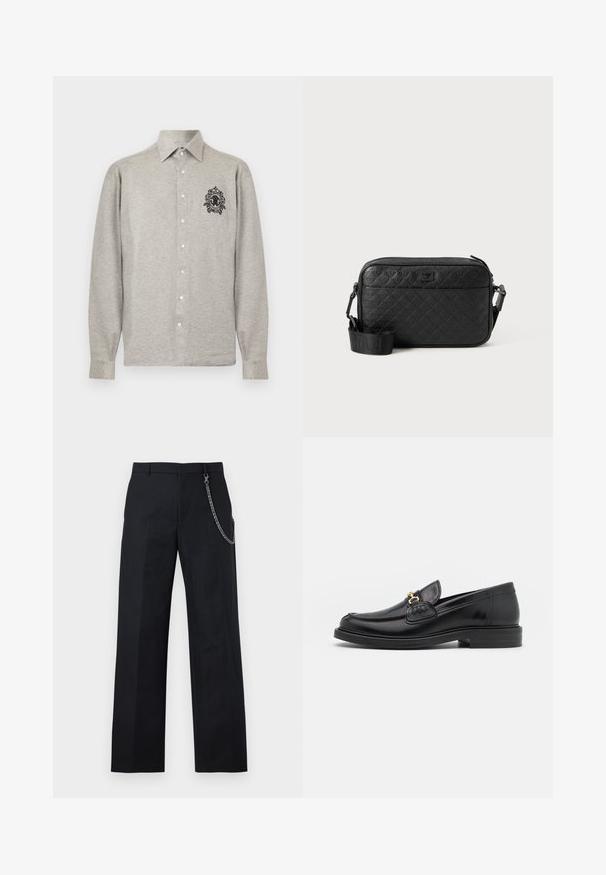 Chemise gris clair à manches longues avec col pointu et logo ornemental noir en forme d'écusson sur le côté gauche de la poitrine.; Pantalon noir à jambes larges avec passants de ceinture et chaîne argentée attachée sur le côté droit, présenté sur fond blanc.; Mocassins en cuir noir avec un embout rond, présentant des accents en métal doré et des détails de couture, montés sur une semelle en caoutchouc texturé et basse.; Sac bandoulière noir texturé avec motif géométrique en relief et bandoulière réglable avec logo de la marque.