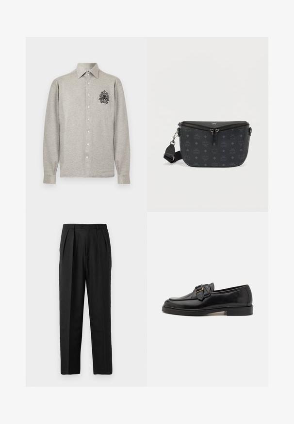 Chemise gris clair à manches longues avec col pointu et logo ornemental noir en forme d'écusson sur le côté gauche de la poitrine.; Pantalons plissés noirs au design sur mesure, confectionnés en tissu lisse, avec une fermeture à bouton et une coupe droite.; Mocassins en cuir noir avec un bout arrondi et une boucle décorative. Talon plat, solide et texture lisse sur l'ensemble.; Sac bandoulière en cuir noir avec un motif de logo couvrant entièrement, fermeture éclair, sangle réglable et finition lisse texturée.