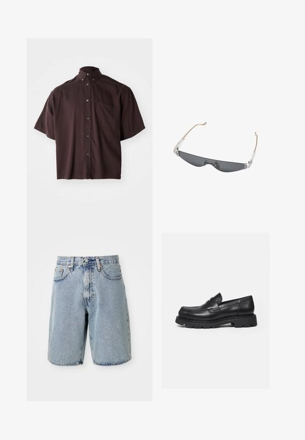 Chemise à col et à manches courtes de couleur bordeaux foncé. Dotée de boutons sur le devant et d'une poche poitrine unique. Tissu lisse avec une coupe décontractée.; Shorts en denim bleu clair avec taille haute, coupe droite, ourlet effiloché, cinq poches et bouton de fermeture. Texture abîmée visible.; Mocassin en cuir noir avec semelle épaisse crantée et détail de bride penny, présenté en profil droit sur fond blanc.; Lunettes de soleil fines et rectangulaires à verres teintés foncés, charnières en plastique transparent et branches fines beige courbées aux extrémités.