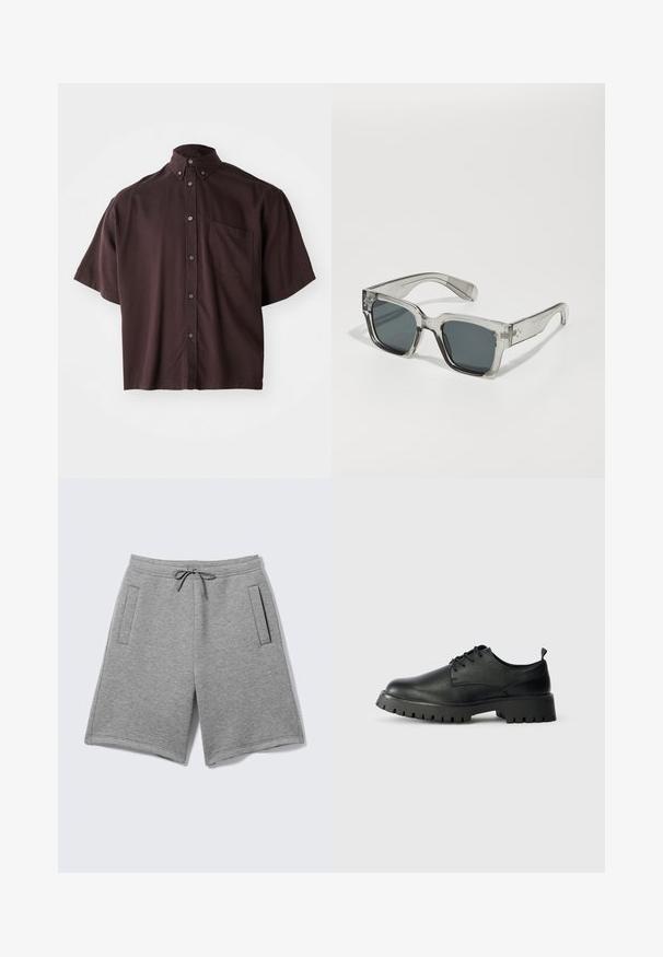 Chemise à col et à manches courtes de couleur bordeaux foncé. Dotée de boutons sur le devant et d'une poche poitrine unique. Tissu lisse avec une coupe décontractée.; Shorts décontractés gris clair avec taille ajustable à cordon et deux poches latérales verticales sur fond uni.; Chaussures en cuir noir à lacets avec un bout arrondi, surface texturée et semelle en caoutchouc épaisse dotée de profondes rainures pour une meilleure adhérence.; Lunettes de soleil claires et surdimensionnées avec des verres foncés, dotées d'une monture rectangulaire épaisse et d'accents texturés sur les branches. Fabriquées en plastique transparent.