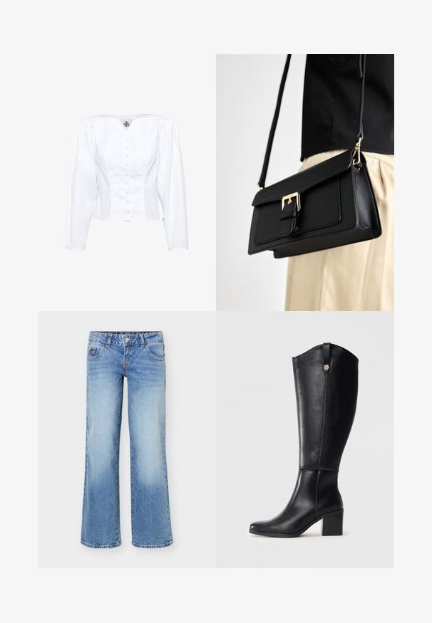 Blouse blanche courte avec un col carré, des manches longues bouffantes et une fermeture par boutons sur le devant. Tissu lisse avec une coupe ajustée et un léger brillant.; Jean en denim bleu clair avec une jambe légèrement évasée, style cinq poches, et une fermeture avant à boutons et zip.; Bottes en cuir noires montantes avec un bout carré et un talon bloc. Présentent une couture latérale et un accent métallique décoratif en haut.; Sac à main en simili cuir noir avec une fermeture à boucle en ton doré, au design plat et avec une bandoulière ajustable, présenté sur un fond clair.