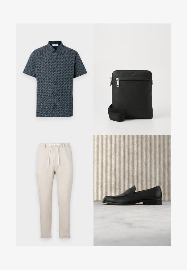 Kurzarmhemd in Marineblau mit einem weißen Zickzackmuster. Verfügt über einen klassischen Kragen und eine vordere Knopfleiste. Glatte Stoffstruktur.; Beige Leinenhosen mit lockerem Schnitt, elastischem Bund und Kordelzugverschluss. Gerades Bein-Design mit glatter Textur.; Schwarzer Leder-Slipper schwebt über einem beigen Teppich, im Hintergrund ein glänzender, runder brauner Tisch.; Schwarze Leder-Umhängetasche mit flachem Design, strukturierter Oberfläche, Reißverschluss, Vordertasche und verstellbarem Stoffriemen.