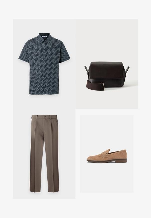 Chemise à manches courtes bleu marine avec un motif zigzag blanc. Elle dispose d'un col classique et d'une fermeture à boutons sur le devant. Tissu avec une texture lisse.; Pantalons marron sur mesure avec plis, dotés d'une fermeture à bouton, de passants de ceinture et d'une texture tissée lisse. Design classique à jambe droite.; Mocassin pour homme en daim marron clair avec talon bas, bout arrondi et détail d'une bride sur le dessus.; Sac bandoulière en cuir marron foncé avec fermeture à rabat et sangle en tissu réglable sur fond blanc.