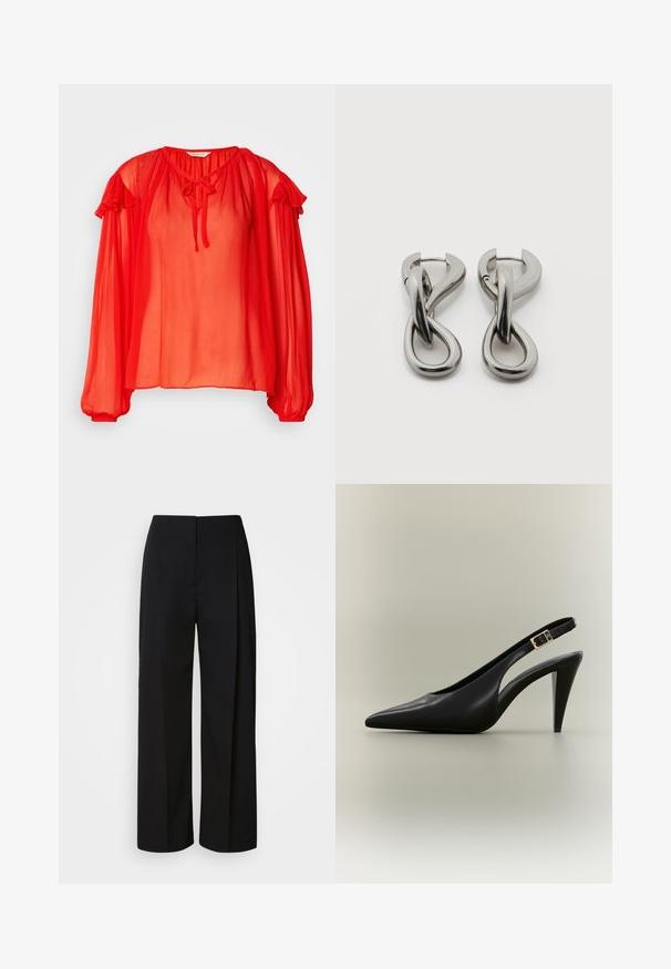 Blouse rouge transparente avec de longues manches à volants et un col à nouer. Tissu léger avec une coupe décontractée. Texture lisse et couleur vive.; Pantalon noir taille haute à jambes larges avec une fermeture avant dissimulée, des coutures ajustées et un tissu lisse et structuré.; Escarpin à bride arrière en cuir noir avec bout pointu, boucle dorée et talon effilé sur un fond neutre.; Paire de boucles d'oreilles en métal argenté avec un motif abstrait d'anneaux entrelacés sur fond blanc.