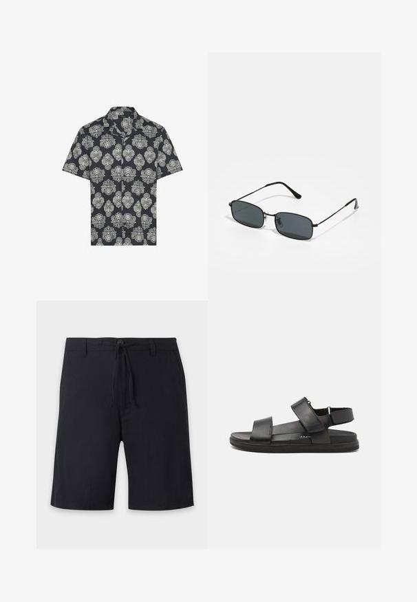 Kurzarmhemd aus marineblauem Stoff mit einem cremefarbenen Blumen- und Paisleymuster, ausgestattet mit einem Kragen und einer Knopfleiste vorne.; Schwarze knielange Shorts mit Gürtelschlaufen, Knopfverschluss und verstellbarem Kordelzug in der Taille.; Schwarze Ledersandalen mit zwei breiten Riemen über dem Fuß, verstellbarem Fersenriemen und einer strukturierten Gummisohle für besseren Halt.; Schwarze rechteckige Sonnenbrille mit dünnem Metallrahmen und dunklen Gläsern, die auf einer weißen Oberfläche liegt.
