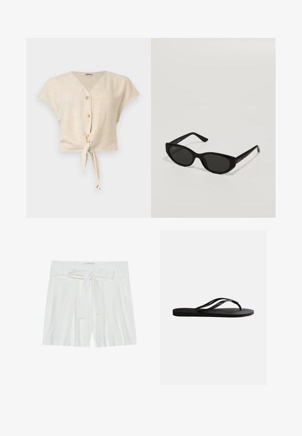 Blouse beige à manches courtes, col en V, trois boutons sur le devant et un nœud noué à l’avant au bas.; Shorts en lin blanc avec une ceinture à nouer à la taille, dotés de poches latérales et d'une coupe décontractée. Texture lisse et design simple.; Sandale tong en caoutchouc noir avec semelle texturée et fines brides en Y sur un fond blanc uni.; Lunettes de soleil noires avec une forme étroite et en œil de chat. Fabriquées en plastique lisse, elles présentent des verres foncés et de subtils accents de logo sur les branches.