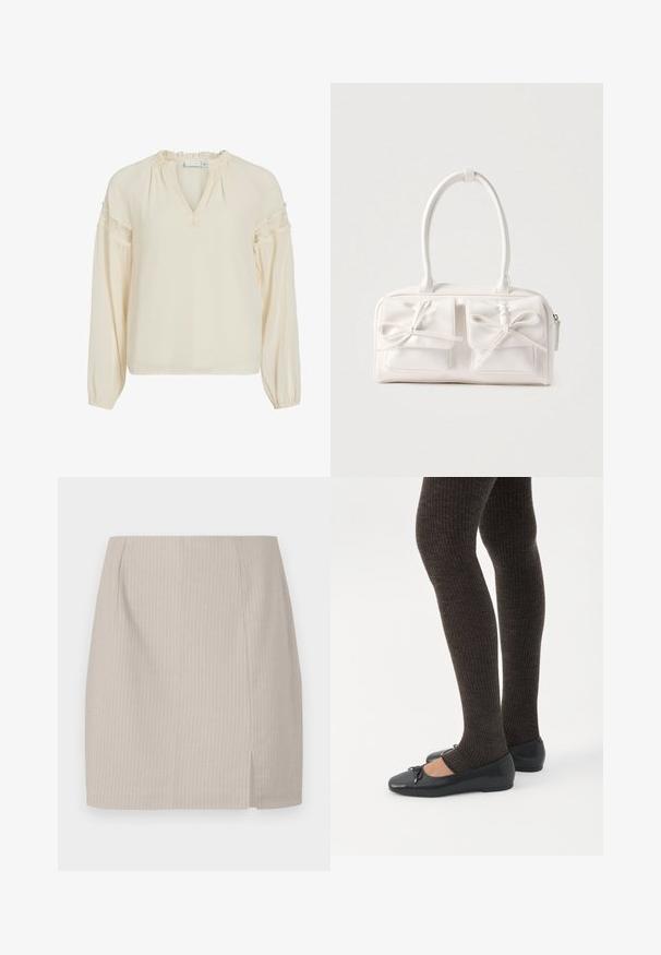 Blusa color crema con escote en V, cuello con volantes, mangas largas y detalles de encaje en los hombros. Confeccionada en un tejido ligero y suave.; Falda lápiz beige con textura de rayas, corte recto y una abertura lateral para mayor movimiento. Confeccionada en tejido ligero.; Piernas con leggings oscuros acanalados combinados con bailarinas negras que presentan pequeños detalles de lazo sobre un fondo blanco.; Bolso sintético blanco con dos bolsillos delanteros, cada uno con un detalle de lazo atado. Textura suave, asas redondeadas y cierre de cremallera.