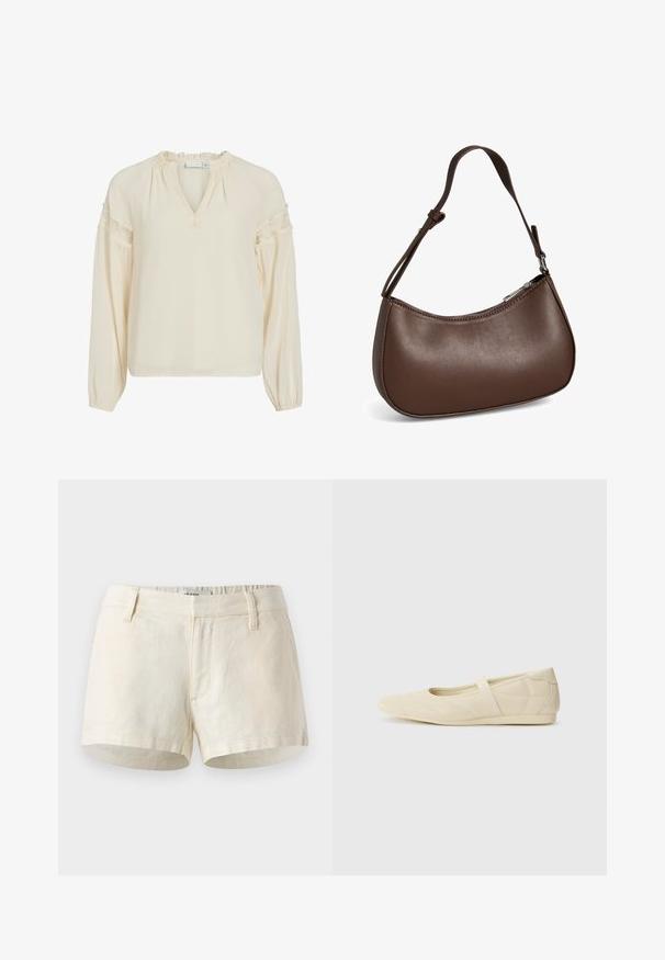 Blusa color crema con escote en V, cuello con volantes, mangas largas y detalles de encaje en los hombros. Confeccionada en un tejido ligero y suave.; Pantalones cortos de lino en color beige claro. Presentan una cinturilla plana, bolsillos delanteros y un dobladillo limpio. Diseño simple y minimalista.; Bailarinas beige con un exterior de cuero liso, punta en forma de almendra y una correa elástica en el empeine, con detalles de costura sutiles.; Pequeño bolso bandolera de cuero marrón con correa ajustable y cierre de cremallera, mostrado sobre un fondo blanco. Sin logotipos ni adornos visibles.