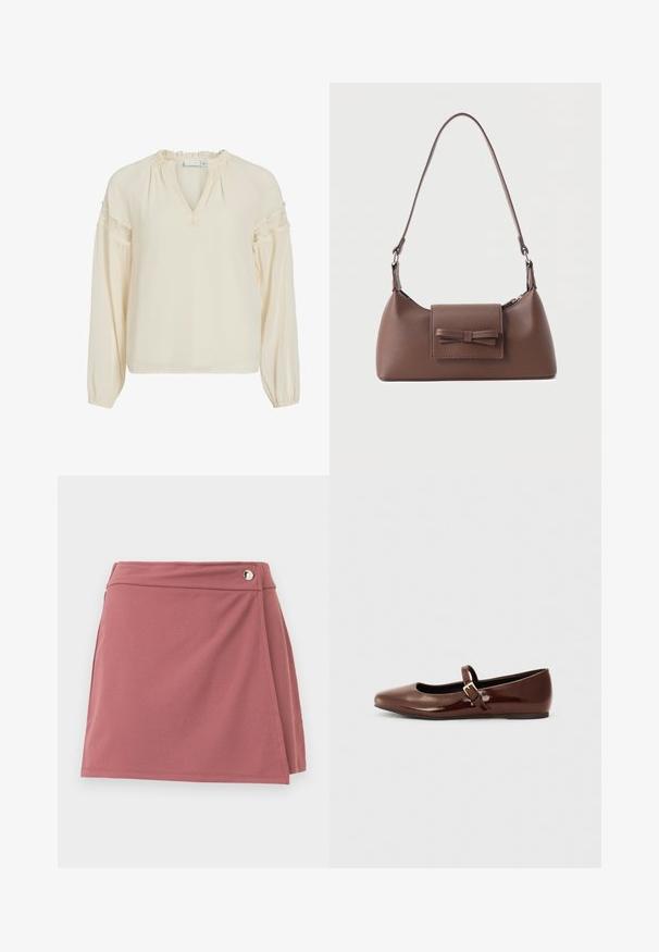 Blusa color crema con escote en V, cuello con volantes, mangas largas y detalles de encaje en los hombros. Confeccionada en un tejido ligero y suave.; Falda corta cruzada color rosa polvo con un pequeño botón plateado cerca de la cintura sobre un fondo claro y liso.; Bailarina de charol marrón con punta cuadrada y tira que presenta una pequeña hebilla dorada. Textura suave, tacón bajo y diseño minimalista.; Bolso bandolera de cuero marrón con un bolsillo frontal de solapa que presenta un detalle de moño cosido y una correa ajustable.