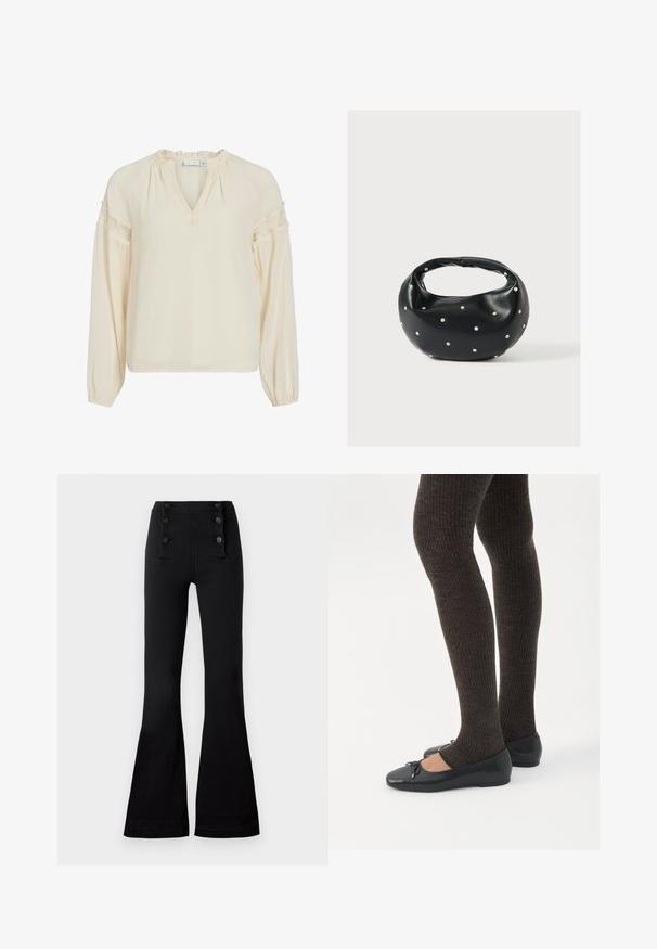 Blusa color crema con escote en V, cuello con volantes, mangas largas y detalles de encaje en los hombros. Confeccionada en un tejido ligero y suave.; Pantalones acampanados negros de mezclilla con una cintura alta, que presentan cuatro botones decorativos en la parte delantera y una textura suave.; Piernas con leggings oscuros acanalados combinados con bailarinas negras que presentan pequeños detalles de lazo sobre un fondo blanco.; Bolso de mano de cuero negro con forma redondeada, decorado con detalles de tachuelas plateadas y un asa corta. Textura lisa y cierre con cremallera.