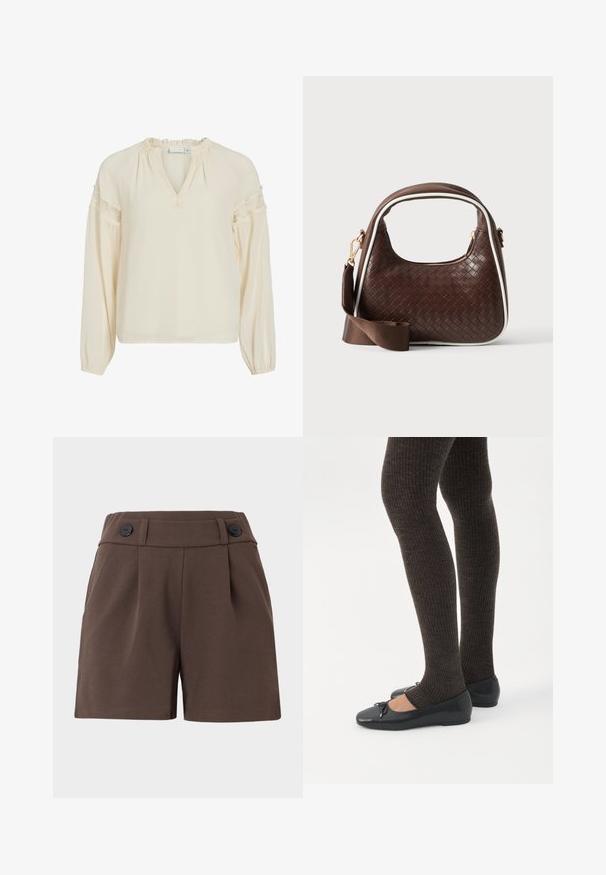 Blusa color crema con escote en V, cuello con volantes, mangas largas y detalles de encaje en los hombros. Confeccionada en un tejido ligero y suave.; Pantalones cortos marrones hechos de una tela texturizada, con una cintura alta, pliegues y dos botones negros en la parte delantera. Diseño ajustado con bolsillos laterales.; Piernas con leggings oscuros acanalados combinados con bailarinas negras que presentan pequeños detalles de lazo sobre un fondo blanco.; Bolso de mano de piel trenzada marrón con ribete blanco, cremallera dorada y correa de hombro de tela marrón desmontable.