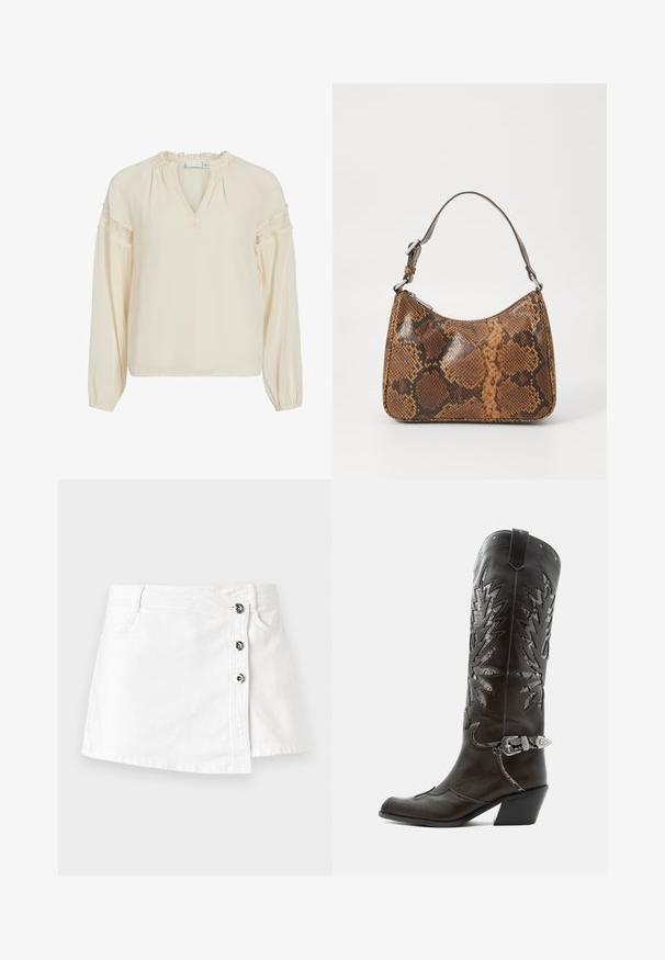 Blusa color crema con escote en V, cuello con volantes, mangas largas y detalles de encaje en los hombros. Confeccionada en un tejido ligero y suave.; Mini falda de mezclilla blanca con corte recto, que presenta un cierre lateral con cuatro botones metálicos y un sutil dobladillo enrollado.; Bota cowboy de cuero negro con recortes decorativos, hebilla plateada y tacón inclinado, presentada sobre fondo blanco.; Pequeño bolso de mano con un patrón de piel de serpiente marrón y negro, correa corta ajustable y cierre de cremallera.