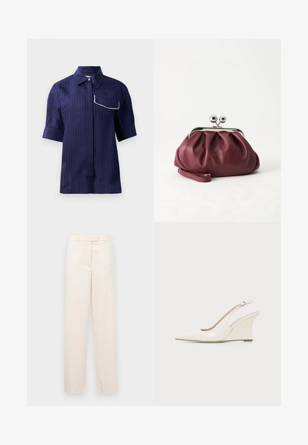 Marineblaues Kurzarmhemd mit strukturiertem Muster, mit Kragen und einer weißen Paspeltasche auf der linken Seite. Leichter Stoff.; Beige Hose mit geradem Bein, aus einem glatten Stoff gefertigt. Verfügt über einen Bund mit Gürtelschlaufen und einen Reißverschluss vorne.; Weißer Slingback Keilabsatz-Schuh aus Lackleder mit spitzer Schuhspitze und verstellbarem Schnallenriemen vor einfarbigem Hintergrund.; Kleine burgunderrote Lederclutch mit silbernem Metallverschluss und Handgelenksriemen auf weißem Hintergrund.