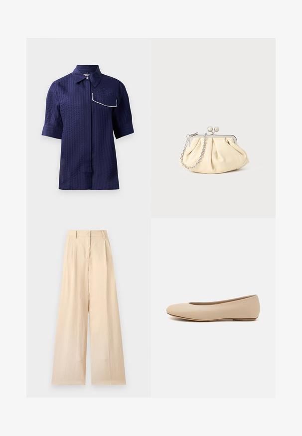 Marineblå kortærmet skjorte med et tekstureret mønster, kravedesign og en hvid piped lomme på venstre side. Letvægtsstof.; Beige højtaljede bukser med vide ben, bæltestropper og forlynlås på en ensfarvet lys baggrund.; Beige læder balletflade med afrundet tå, minimal sømdetaljering, lav hæl og subtilt logo på bagsiden. Glat, mat tekstur.; Plisseret beige læderclutch med en sølvmetalramme, der har to runde dekorative låse og en sølvkædetrasporte.