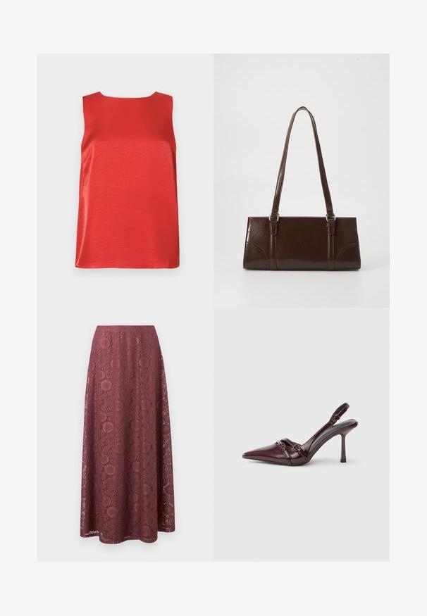 Haut rouge sans manches en tissu lisse, à silhouette droite et encolure ronde. Présente des coutures latérales pour un effet cintré.; Jupe longue en dentelle mauve avec des motifs floraux et géométriques, silhouette évasée et ceinture lisse.; Escarpin slingback en cuir verni bordeaux avec bout pointu, fine bride à la cheville et petit détail décoratif de boucle. Texture lisse et talon haut.; Sac à main en cuir verni marron de forme rectangulaire, avec deux longues poignées et des accents courbés subtils à l'avant.