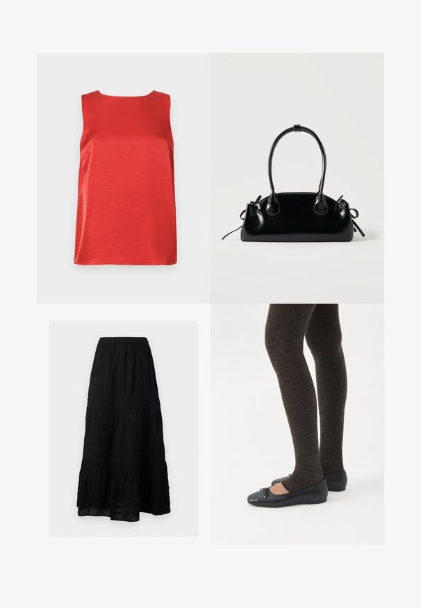 Haut rouge sans manches en tissu lisse, à silhouette droite et encolure ronde. Présente des coutures latérales pour un effet cintré.; Jupe longue noire à volants avec taille élastique, plis horizontaux subtils et détails en dentelle.; Jambes portant des leggings côtelés foncés associés à des ballerines noires avec de petits détails en nœud sur fond blanc.; Petit sac à main noir brillant avec deux longues anses et des détails à cordon sur les côtés sur un fond clair uni.