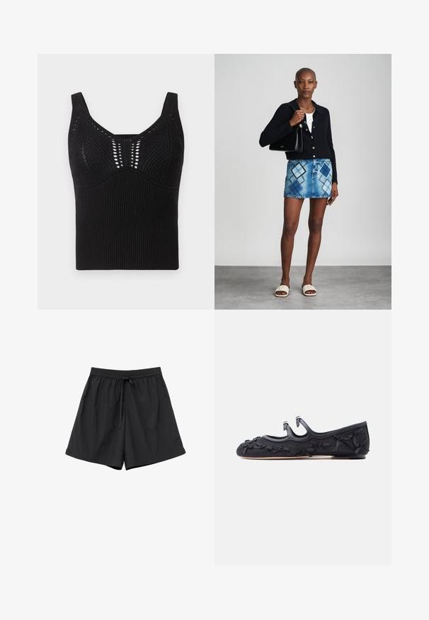 Débardeur noir en tricot avec une texture côtelée, des bretelles larges et une encolure dégagée, agrémenté de motifs en tissage ouvert décoratifs à l'avant.; Shorts noirs coupe ample avec taille élastique et cordon à l'avant, en tissu léger.; Chaussure plate noire avec trois brides et plusieurs petits nœuds décoratifs le long des côtés, du bout et du talon, vue de profil.; Un cardigan en maille noir, un haut blanc, une jupe en denim avec un motif de diamants bleus et noirs, un sac à main noir et des sandales à enfiler beiges.
