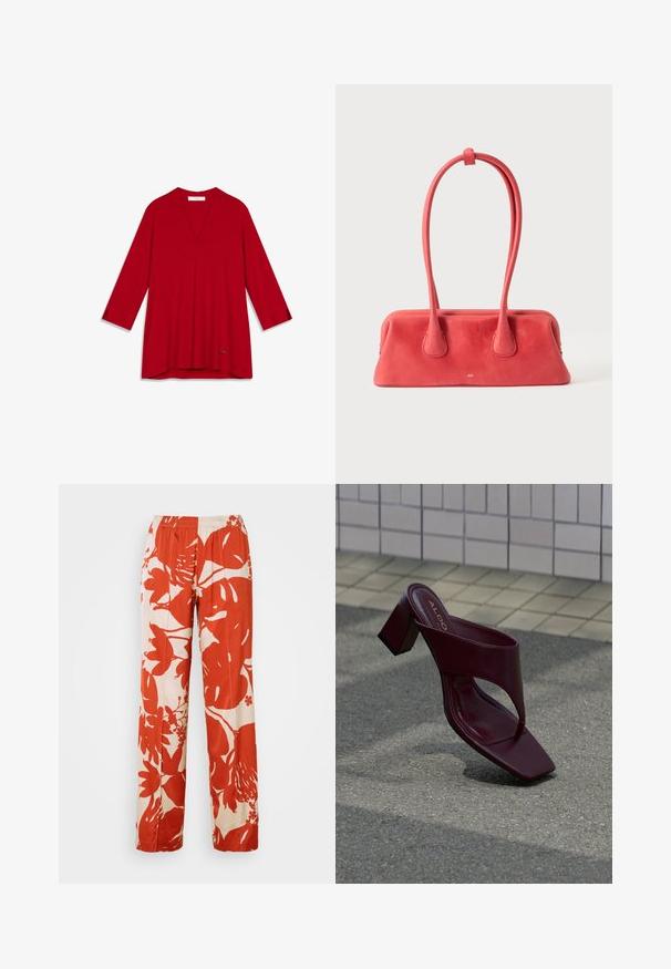 Blouse rouge à col en V avec manches trois-quarts, en tissu lisse. Présente un ourlet discret et un petit logo d'accent en bas.; Pantalons larges à motifs floraux rouges et crème avec une taille élastique. Le tissu a une texture lisse et présente de grands motifs de feuilles et de fleurs.; Sandale à talon haut rouge foncé avec un bout carré et une large bride, positionnée sur un fond de surface carrelée et asphaltée.; Sac à main en cuir rouge avec une longue poignée fine bouclée et fixée en haut, présenté sur un fond clair uni.