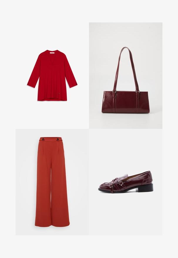 Blouse rouge à col en V avec manches trois-quarts, en tissu lisse. Présente un ourlet discret et un petit logo d'accent en bas.; Pantalon large taille haute couleur rouille avec deux boutons foncés à la taille sur fond blanc.; Mocassin en cuir verni bordeaux avec doubles brides argentées à boucle et petit talon noir sur fond blanc.; Sac à main bordeaux en matériau brillant, de forme rectangulaire, avec deux anses et des accents légèrement courbés à l'avant.